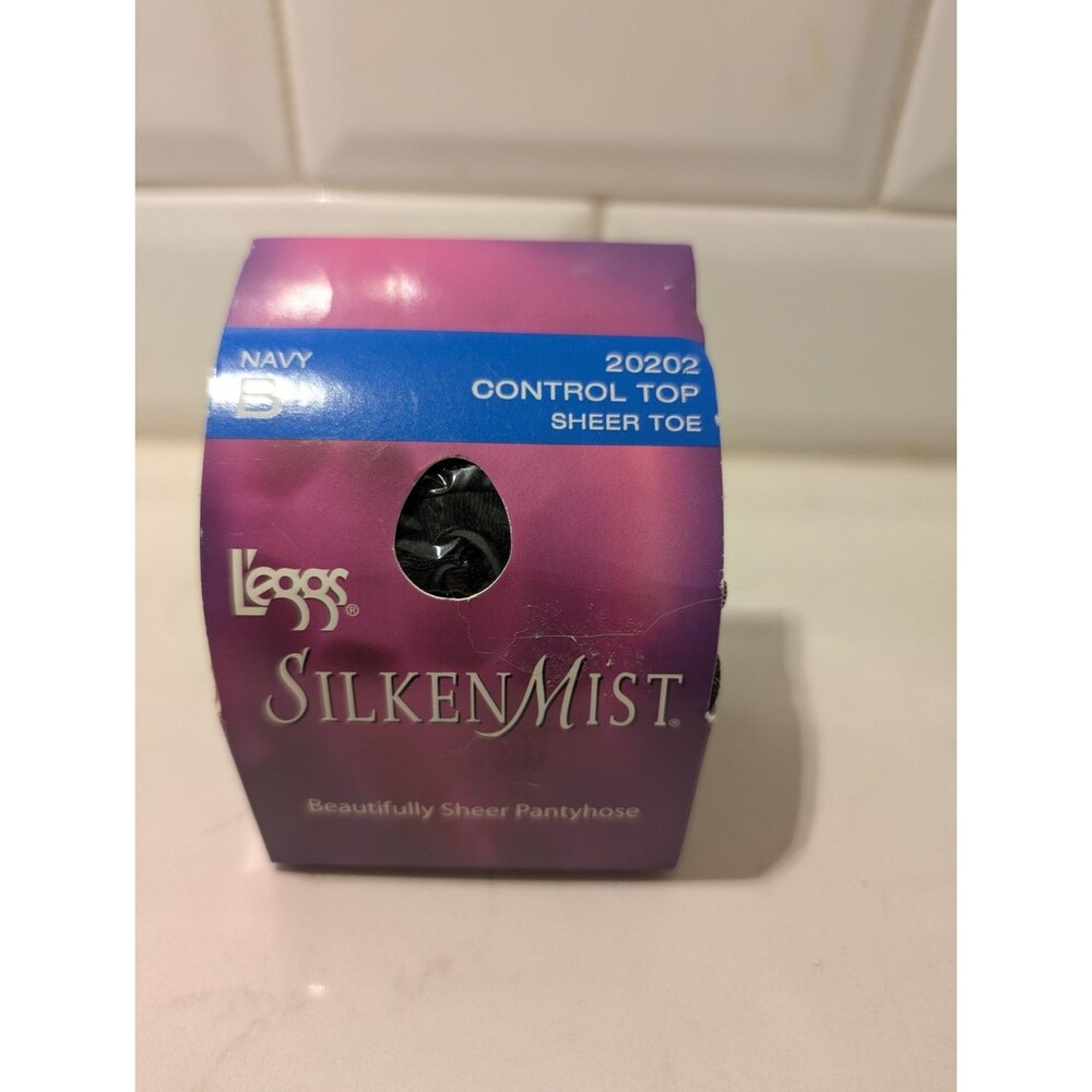 Leggs Silken Mist Pantyhose Control Top Sheer Toe Navy Size B 20202
